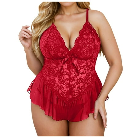 Midwennn Plus Size Lace Jumpsuit Underwear Deep V Pajamas Sexy Lingerie for Women Bodysuit Cutouts plus Size Two Piece Lingerie for Women