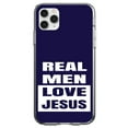thumbnail image 1 of DistinctInk Clear Shockproof Hybrid Case for iPhone 13 Pro MAX (6.7" Screen) - TPU Bumper, Acrylic Back, Tempered Glass Screen Protector - Navy Real Men Love Jesus - Show Your Love of Christ, 1 of 2