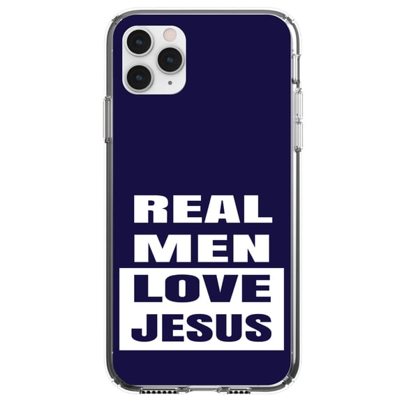 DistinctInk Clear Shockproof Hybrid Case for iPhone 13 PRO (6.1" Screen) - TPU Bumper, Acrylic Back, Tempered Glass Screen Protector - Navy Real Men Love Jesus - Show Your Love of Christ