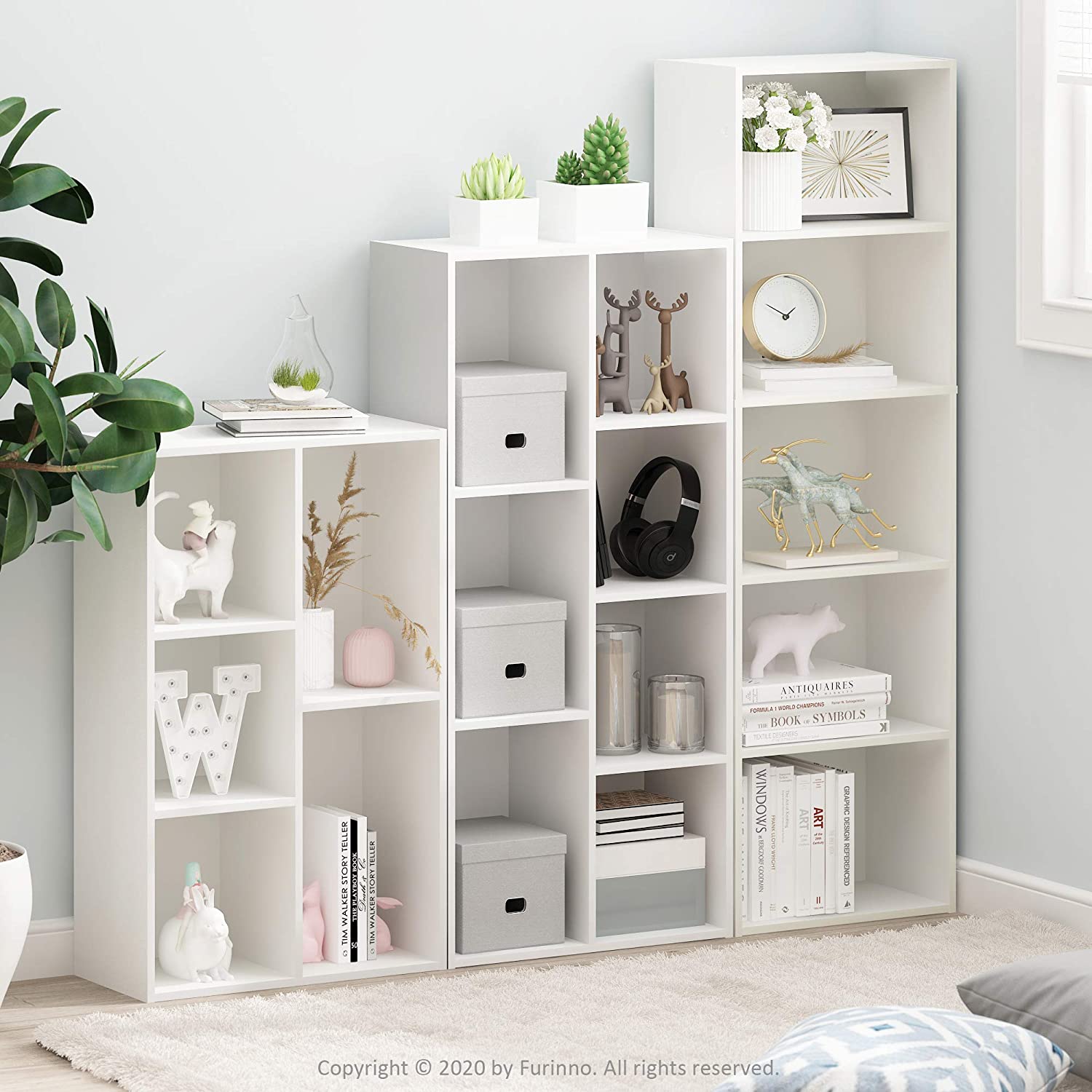LUDER 7-Cube Bookshelf, White Modern Storage Unit for Living Room Bedroom Office