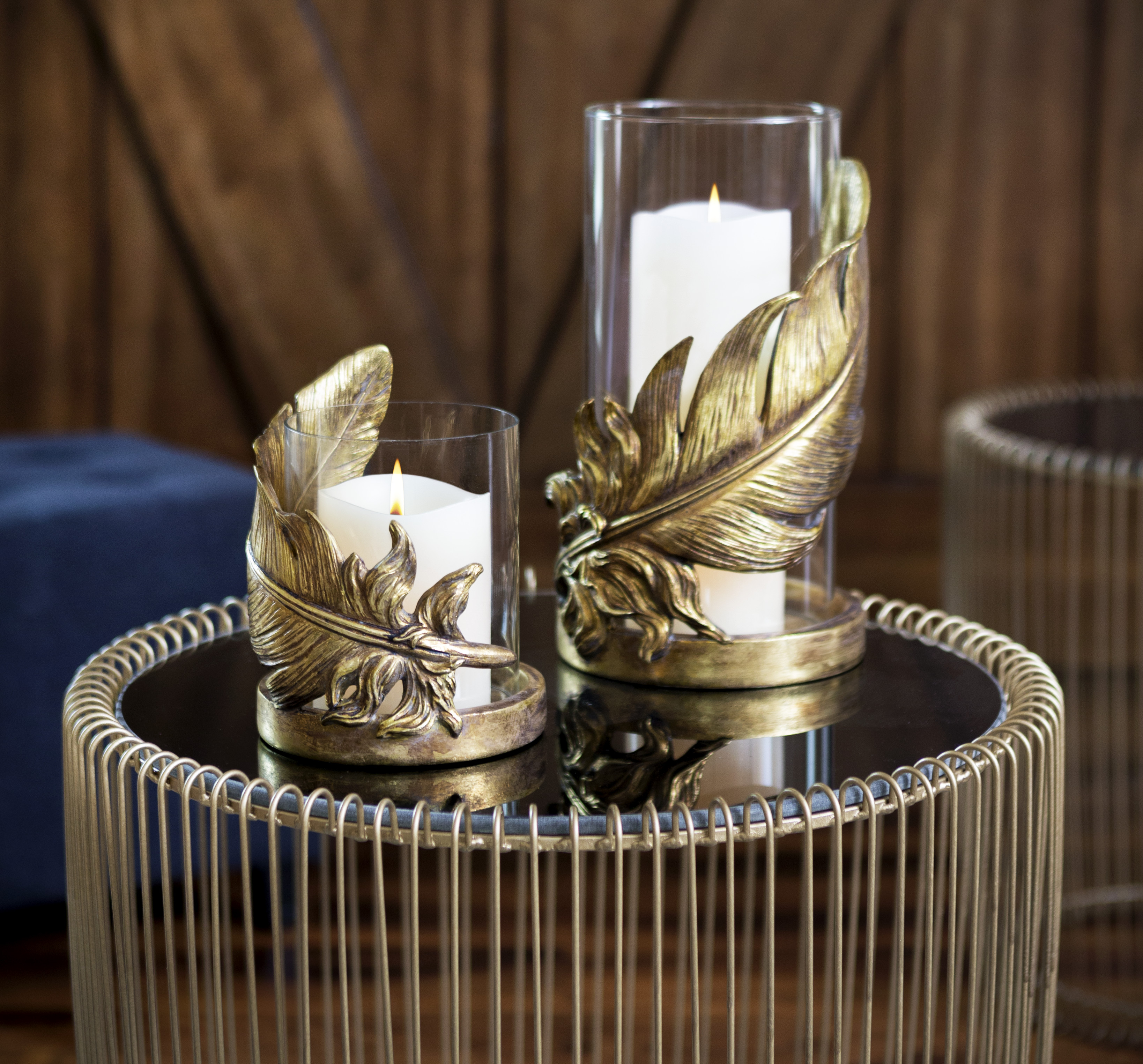 Decmode Large Metallic Gold Feather Candle Holder with Hurricane