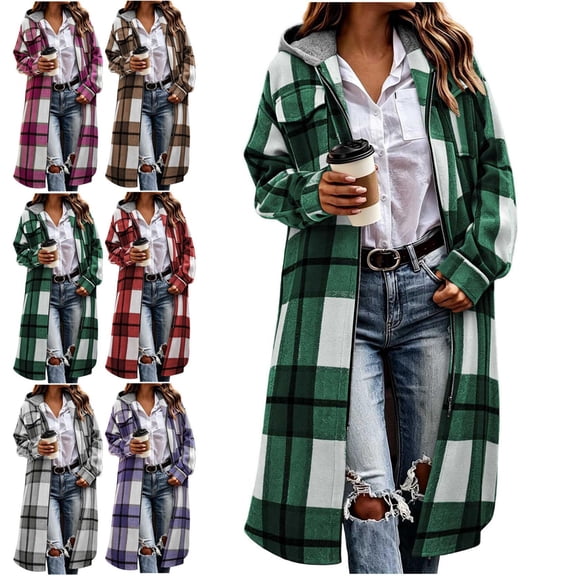 Women Plaid Jackets with Hoodie, Zip up Long Hoodie, Travel Casual Front Zipper Flannel Jackets Long Sleeve Hooded Sweatshirt 2 Chest Pockets, L