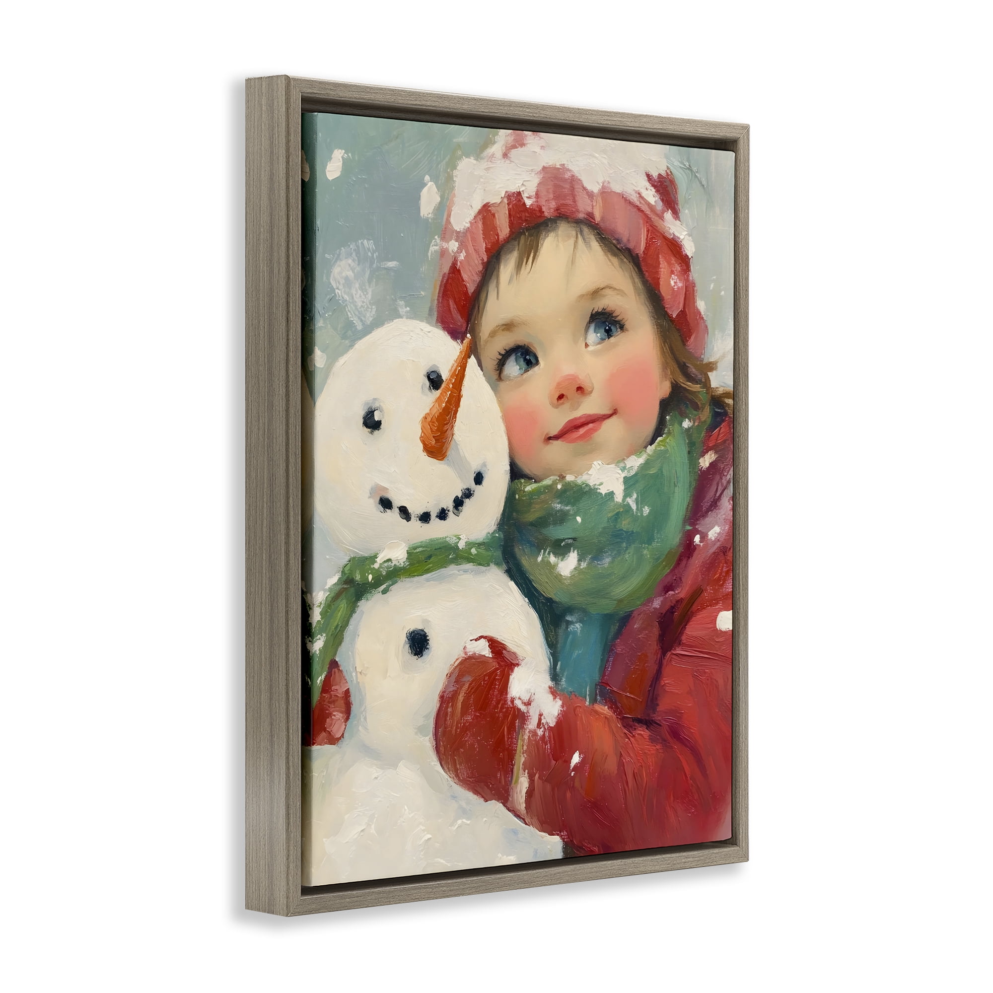 Stupell Industries Christmas Girl & Snowman Embrace Brown Framed Floater Canvas Wall Art, design by The Prints Vibe