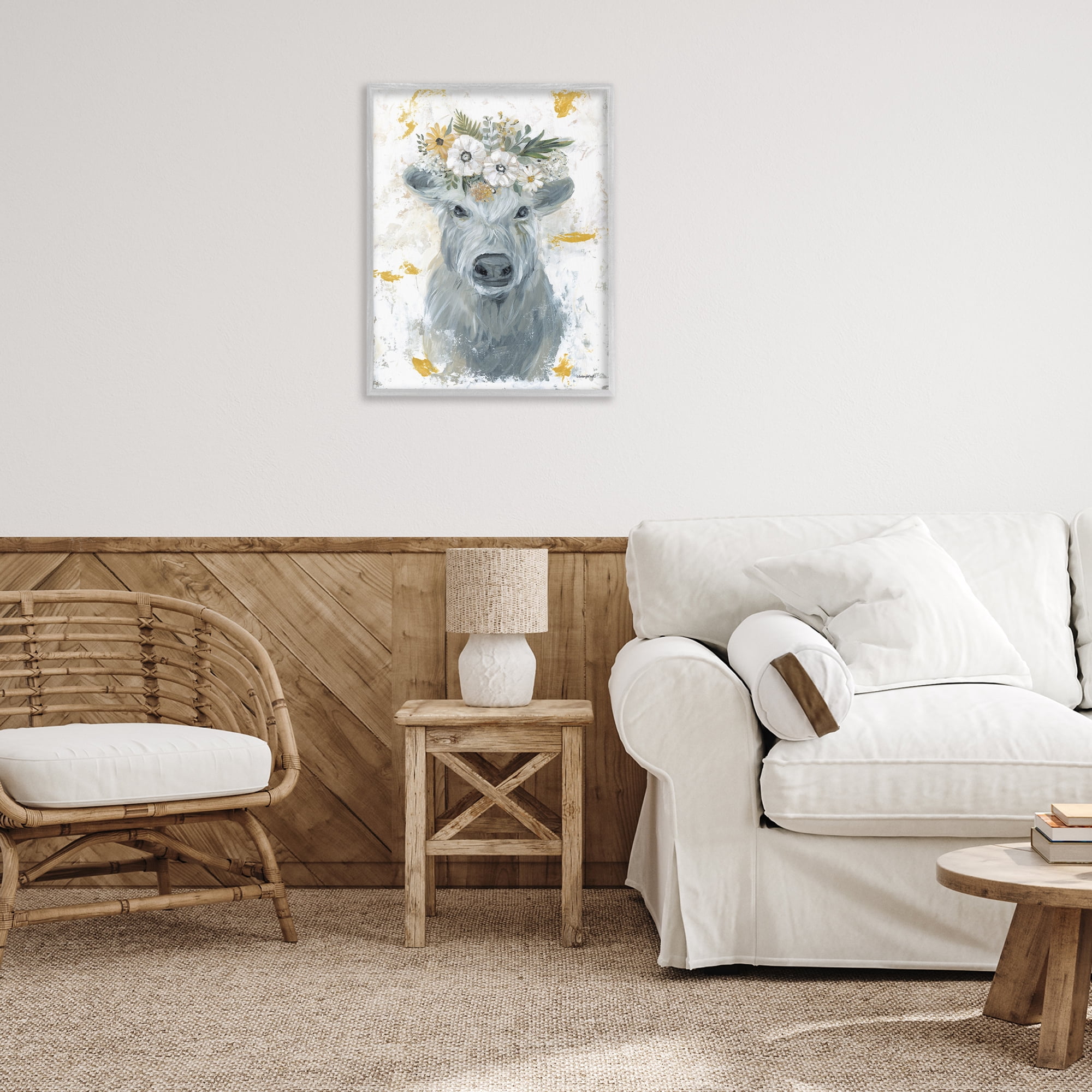 Stupell Industries Grey Cattle with Flowers Animals & Insects Painting Gray Framed Art Print Wall Art, 24 x 30