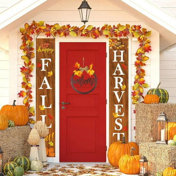 EIMELI Led Lights Fall Welcome Signs for Front Door Battery Operated Hollow  Wooden Hanging Sign Wreath Listing Artificial Maples Leaves Wreath Autumns  Harvest Thanksgivings Halloween Deco 