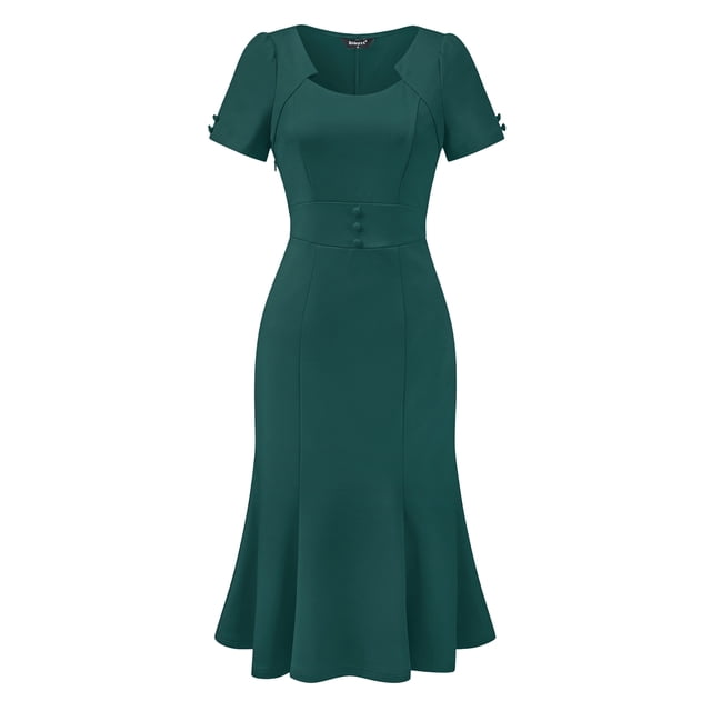 INSPIRE CHIC Vestido de Sheath para Mujeres, Vestido de Cóctel de los Años 50, Decoración de Botones, Vestido Midi de Sirena con Volantes, M Verde Oscuro