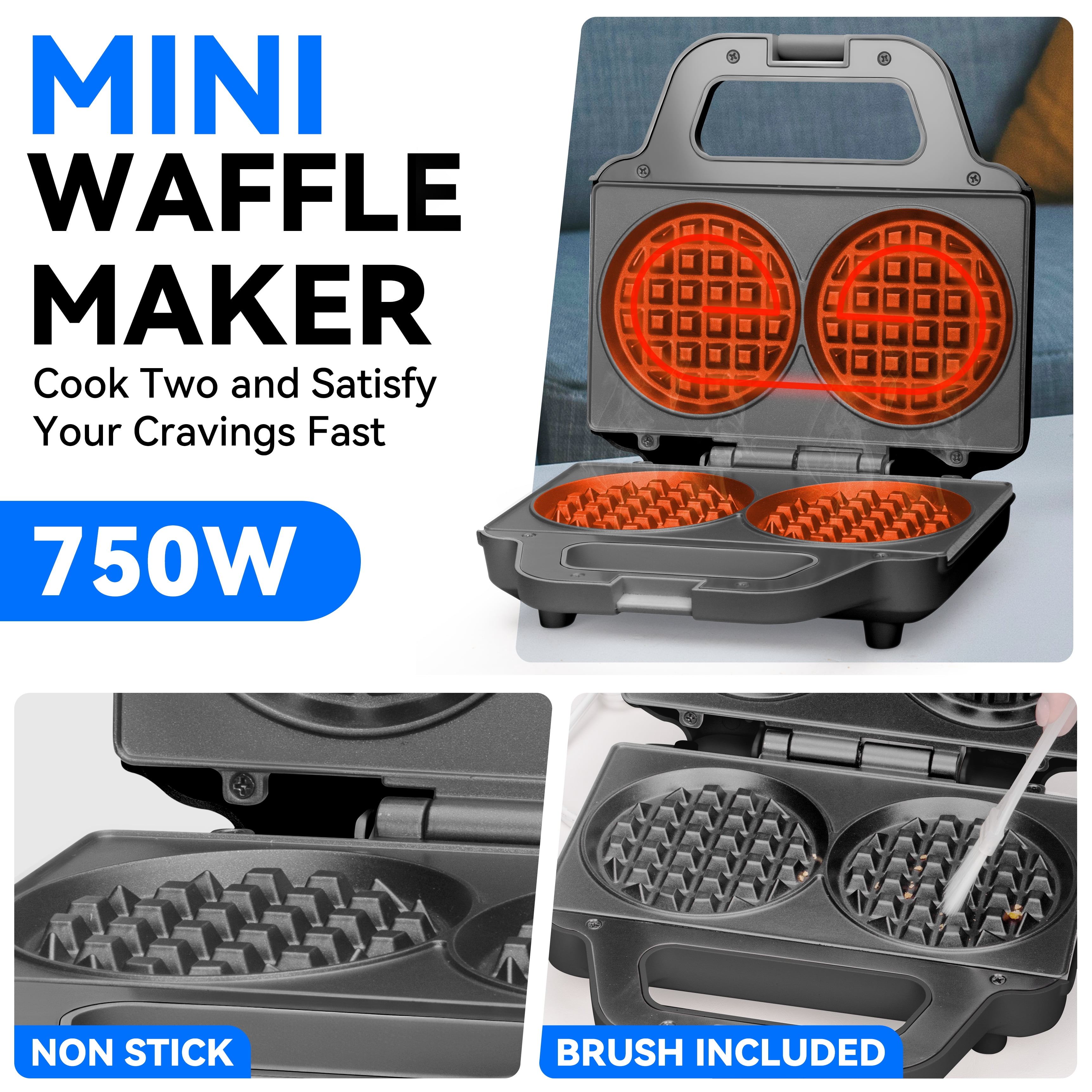 Mailand Graphite Electric Double 4-inch Round Waffle Maker with Cleaning Brush