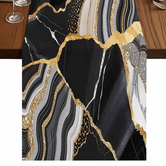 Black Marble Short Table Runner 36 Inches Long,Grey Gold Texture Vintage Farmhouse Art Cotton Linen Table Runners Dresser Scarves,Fabric Tabletop Scarf Furniture Cover for Home Dinner Party 13"x36"