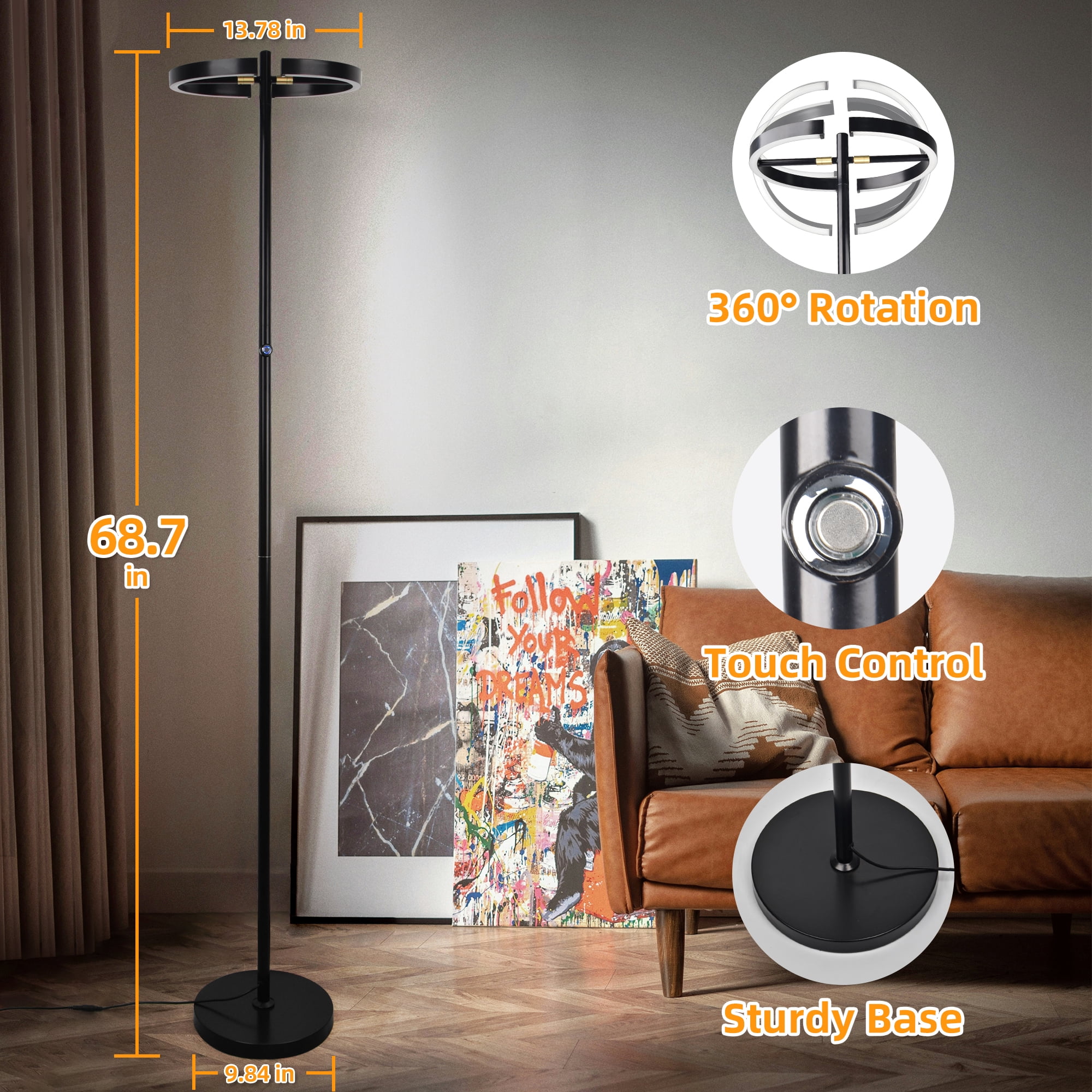 Hlite LED Floor Lamp,Rotatable Standing Lamp with Touch Control, 30W Modern Floor Reading Light,Dimmable Corner Uplighter for Living Room Bedroom Office,Black