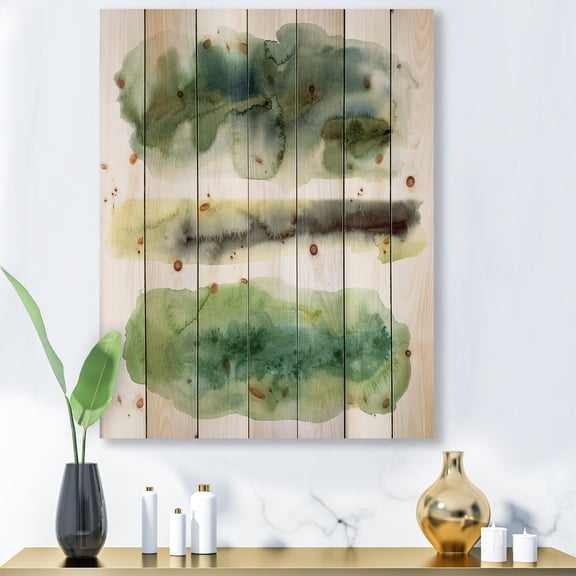 Designart 'Golden Green Abstract Clouds III' Modern Print on Natural Pine Wood