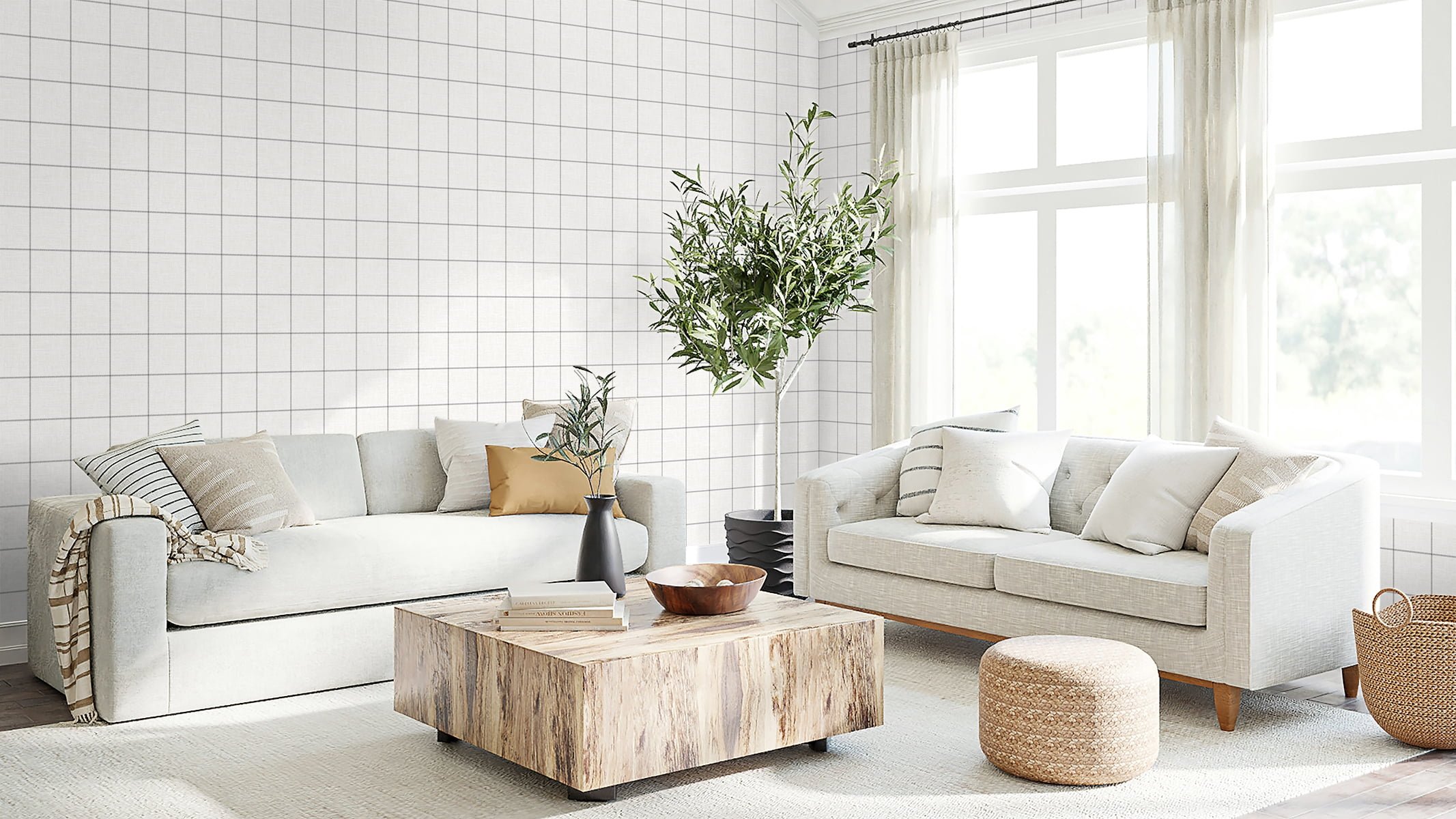 NextWall Charcoal & Linen Classic Striped Check Peel and Stick Wallpaper - 20.5 in. W x 18 ft. L Roll