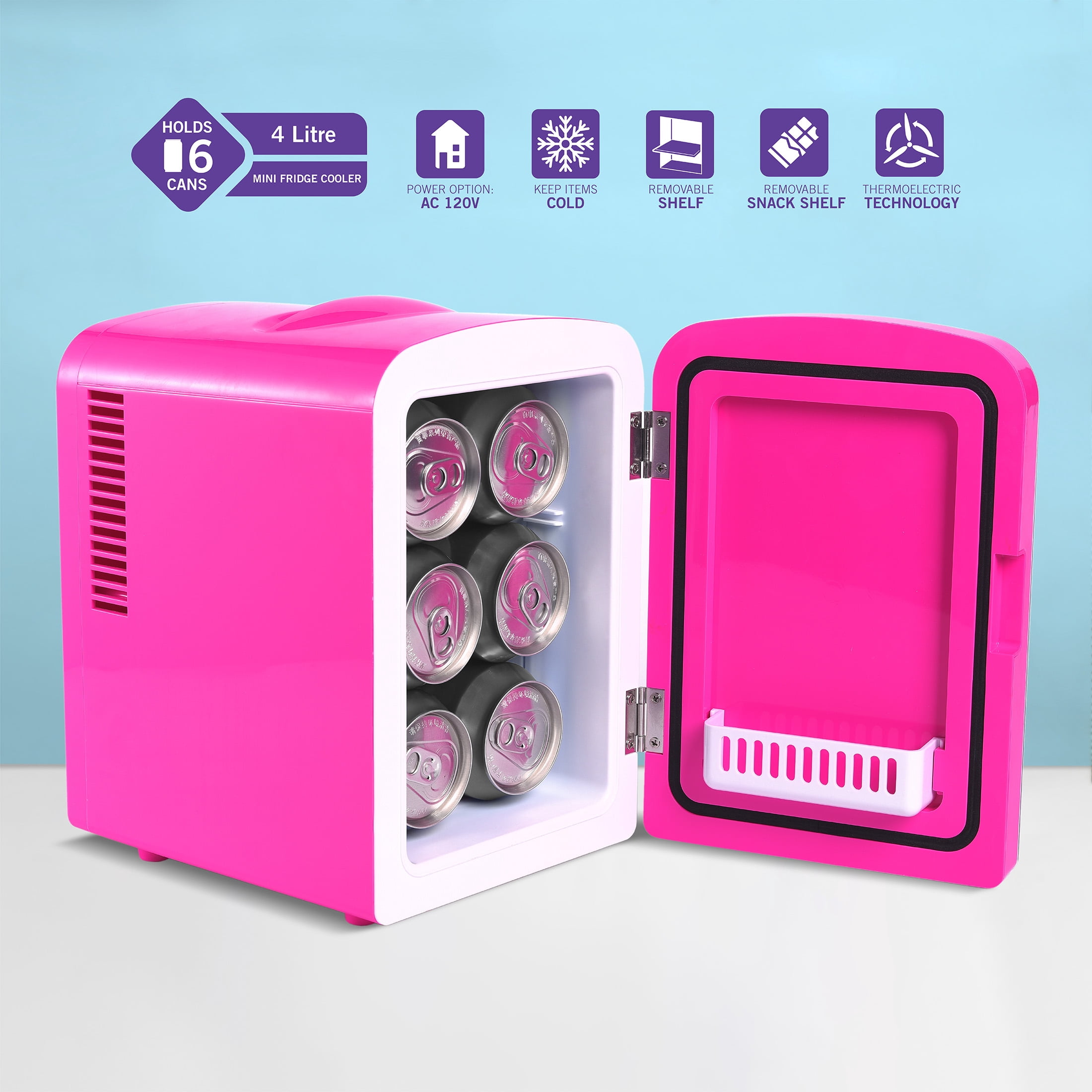 Barbie Hot Pink Malibu 4L Cooler Mini Fridge with Glass Door 6 Can