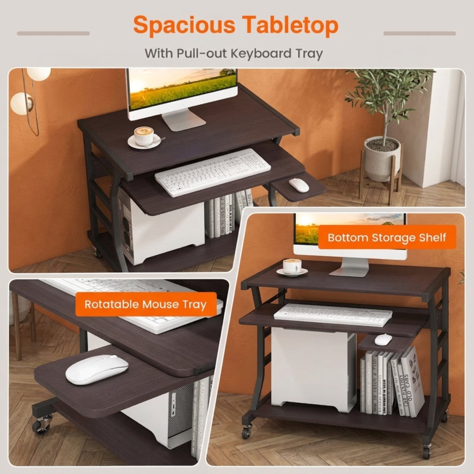 Furnibear Mobile Computer Desk with Keyboard Tray and Rotatable Mouse Tray, Small Rolling Desk with Storage Shelf and Locking Casters, Dark Brown