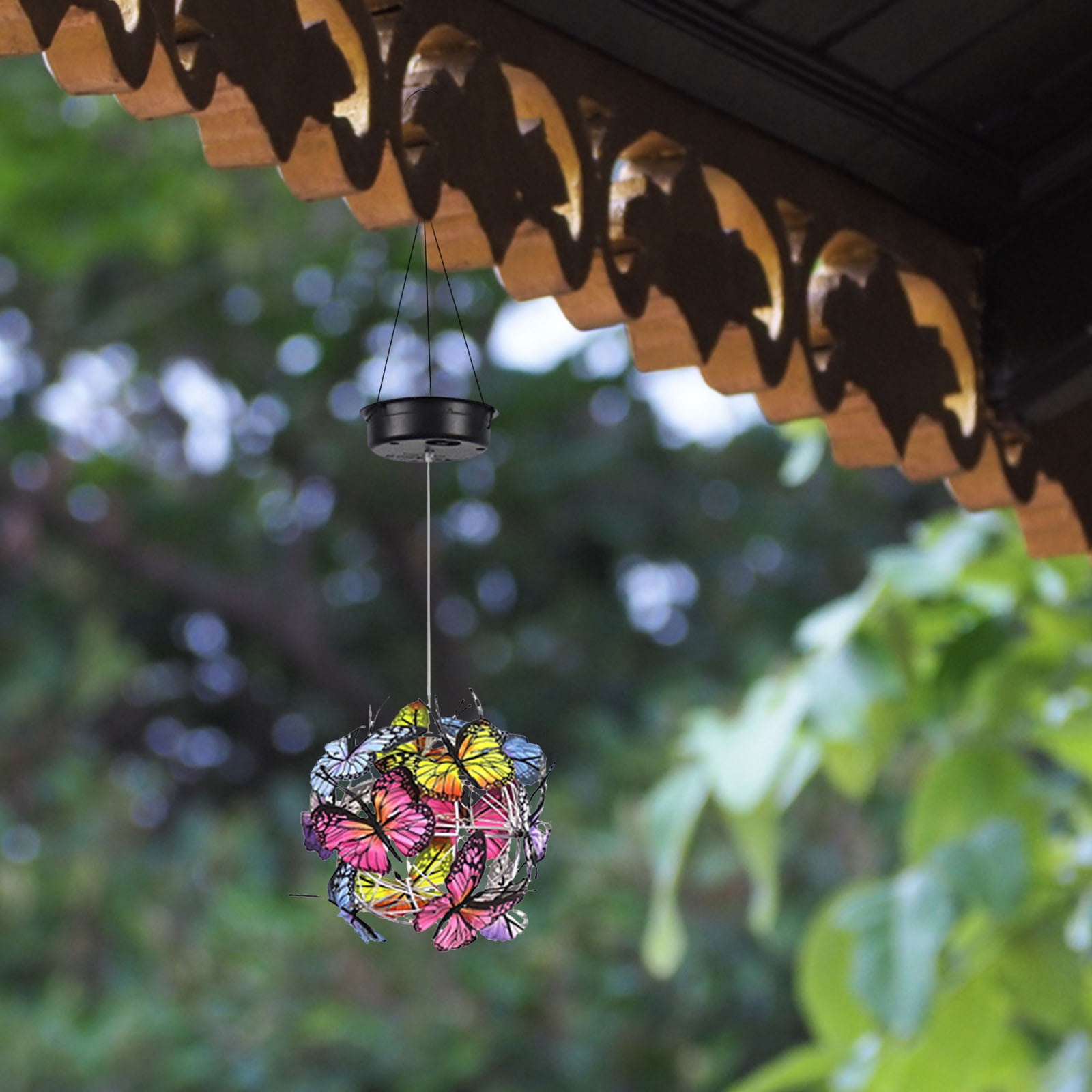 Pompotops Wind Chimes 2PCS Butterfly Pendant Outdoor Solar Light Mesh Round Ball Light Waterproof Outdoor Garden Decor Hanging Lamp