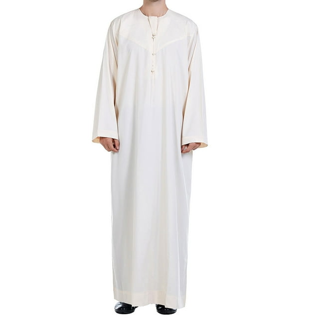 RXIRUCGD Robe Musulmane pour Homme, Robe Arabe Mi-Longue Style Long, Manches Longues, Col, Poche, Chemise Longue, Mode Décontractée, Beige, Taille : 2TG