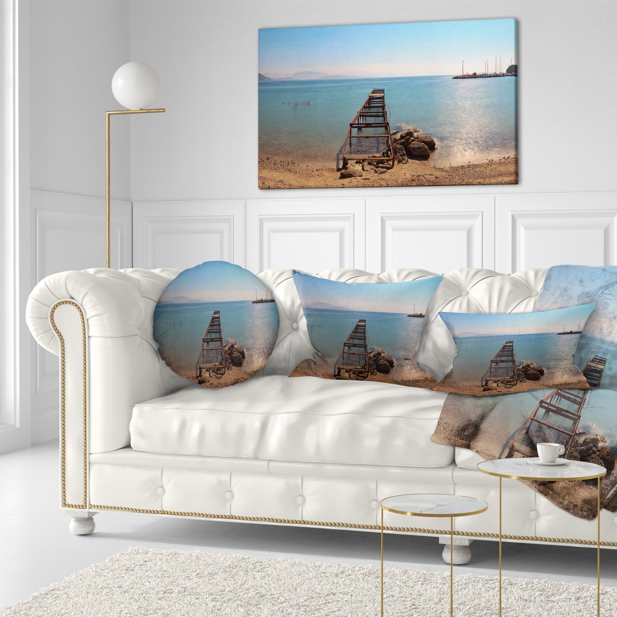 Designart Old Pier at Beach Panoramic View - Wooden Sea Bridge Throw Pillow - 12x20
