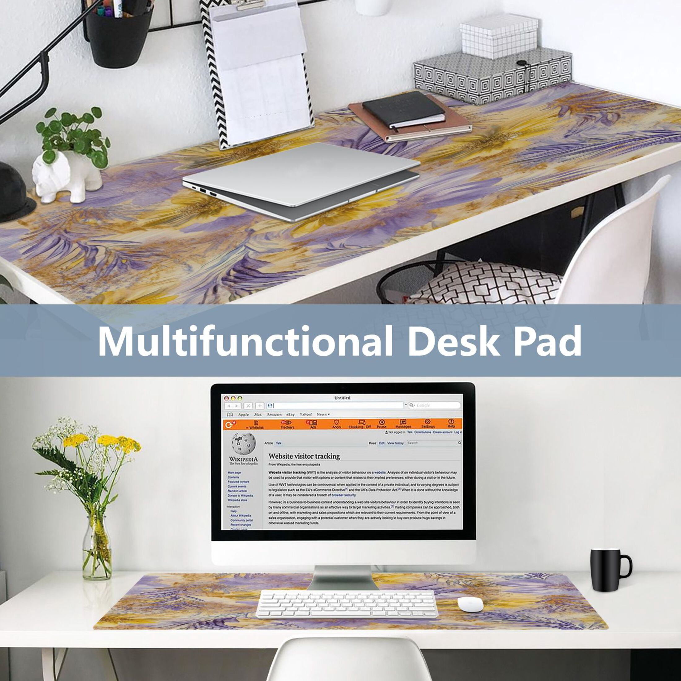 Leather Keyboard and Mouse Desk Mat Office Desk Accessories Protective Office Desk Decor Desk Pad Mat for Gaming, Work from Home, Office Yellow and Lavender Flowers 16.5" x 35.4"