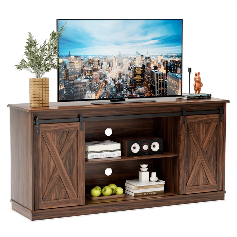 Kelno TV Stand for 65 Inch TV with Sliding Barn Doors Storage Shelves Farmhouse Entertainment Center Media Console Cabinet, Rustic Brown