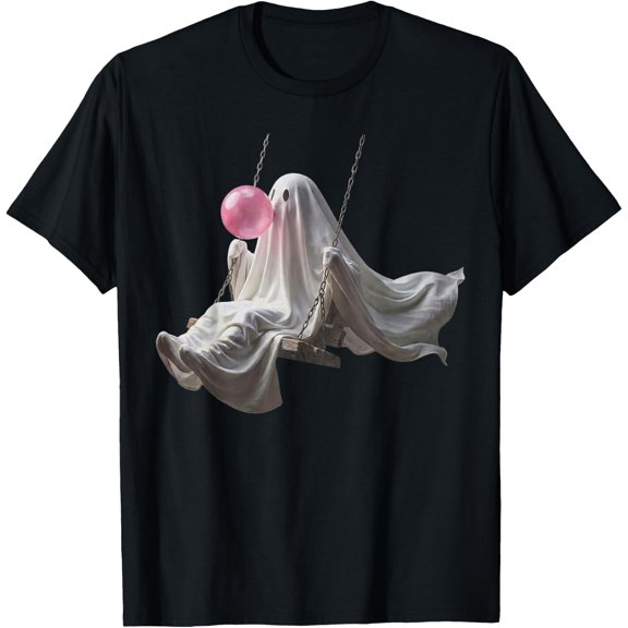 Cute Ghost On Swing Funny Halloween Ghost Bubble Gum T-Shirt