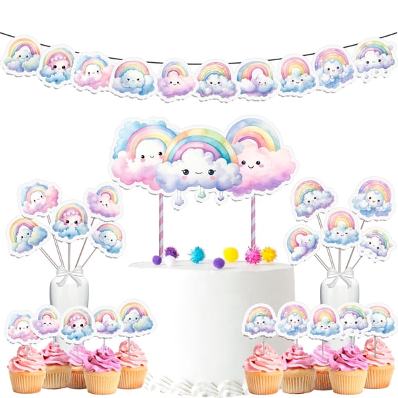 Rainbow Cloud Party Decor Set with Cake Topper, Cupcake Toppers, Banner, and Centerpieces