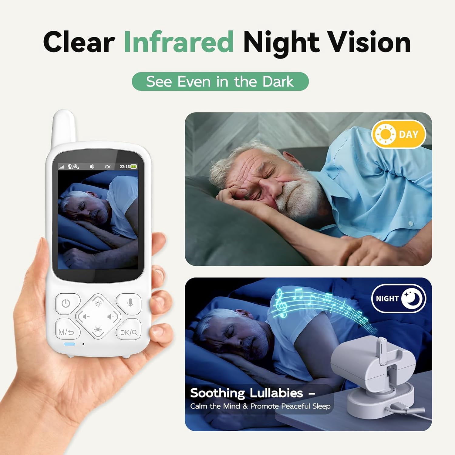 Baby Monitor with Camera and Audio, Room Monitors for Elderly Monitor, 2-Way Talk Baby Monitors, Portable Camera With Monitor Alarm Lullaby Temperature Sensor for Baby Elderly, Home Use