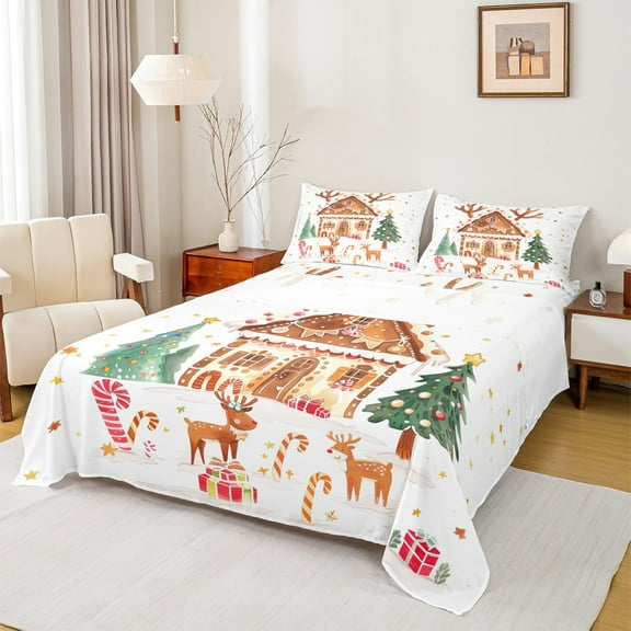 Manfei Cartoon Gingerbread House Twin Sheet Sets,Cute Christmas Reindeer Twin Fitted Sheet,Cute Chic Xmas Tree Flat Sheet For Kids Gitl,Ultra Soft Home Decor,3pcs