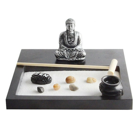 US Tabletop Mini Meditation Zen Garden w/ Pavilion statue Rock Venues Rake Sand