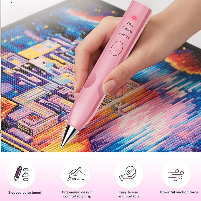 Diamond Art Painting Pen with Vacuum Pump, No Wax Needed, Lightweight Design, 3 Adjustable Suction Mode & Rechargeable, DIY Diamond Art Accessories and Tools(Pink)