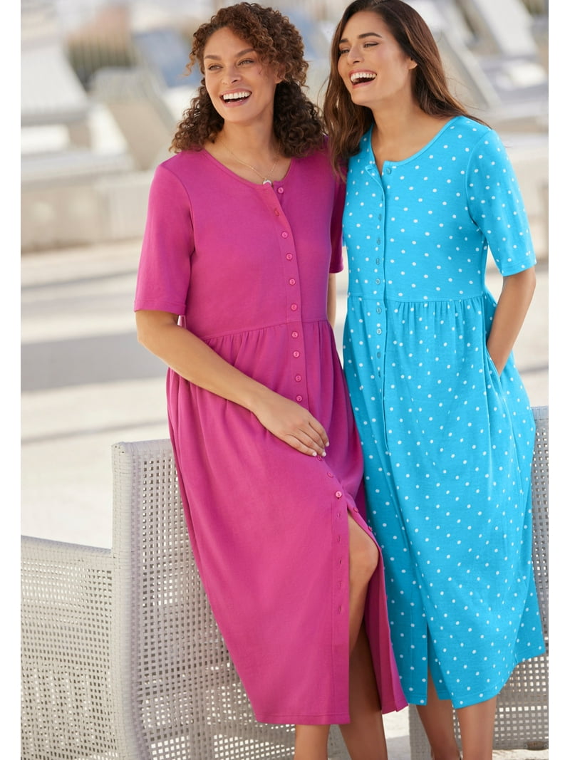 Woman Within Plus Size Short-Sleeve Button-Front Dress With Pockets - Petite & Regular Lengths