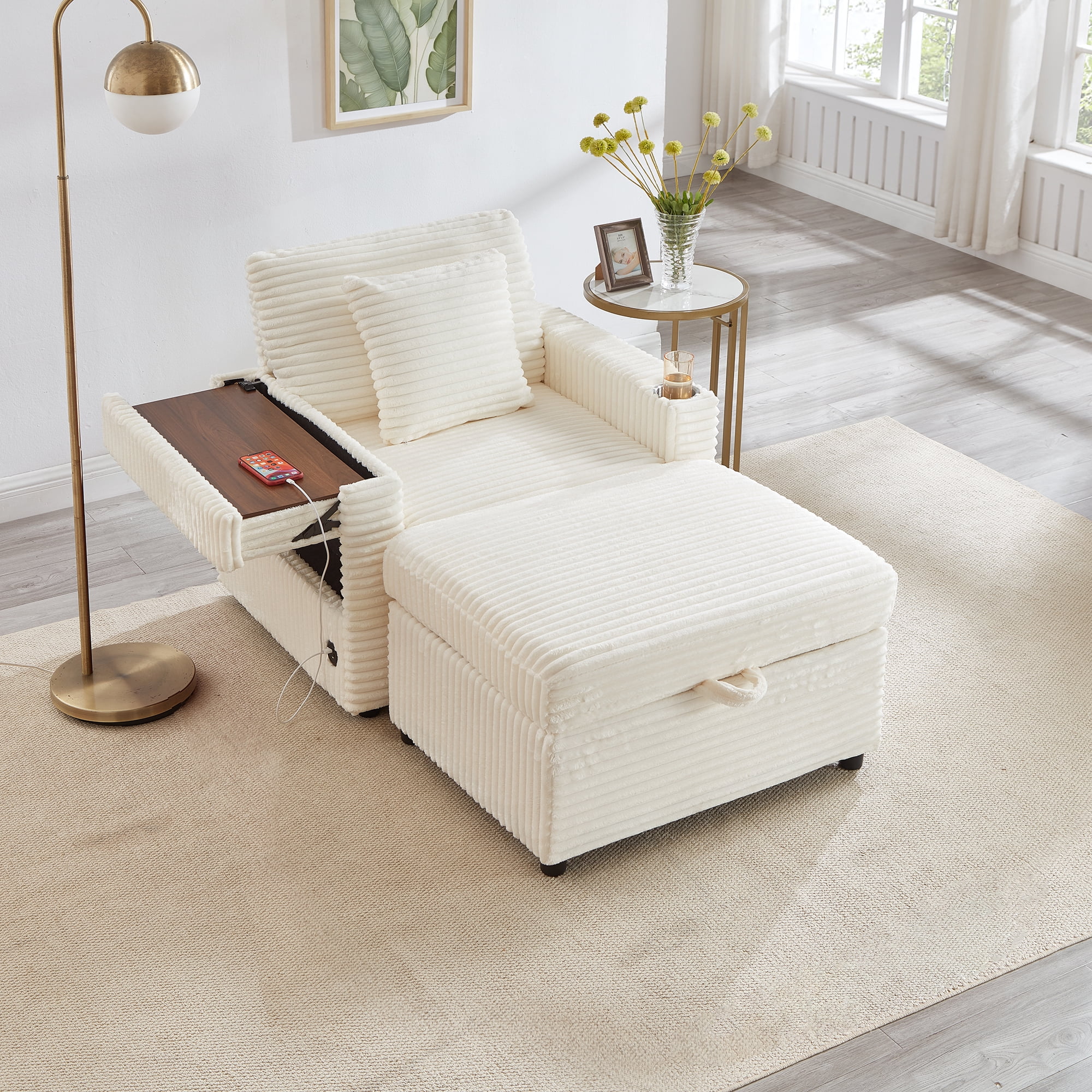 34.5" Soft Chaise Lounge Accent Chair Set with Ottoman, Table Board and Cup Holder