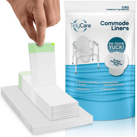 TidyCare Commode Liners with Absorbent Pads, Convenience Pack, 12 Liners and 12 Pads for Adult Bedside Commode