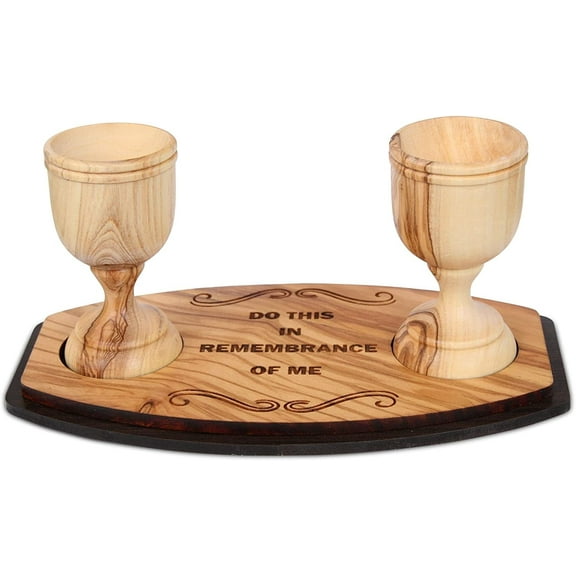 2 Olive Wood Communion Cups with Faith Tray - 'Do It in Remembrance of me’ Christian gift set
