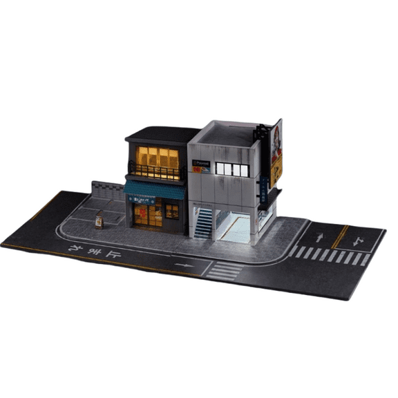 Diorama 1/64 Garage Model LED Lighting Japanese Parking Lot Scene Display Model, Diecast Car Display Case,City Street Convenience Store Building Model Scene Display Toy