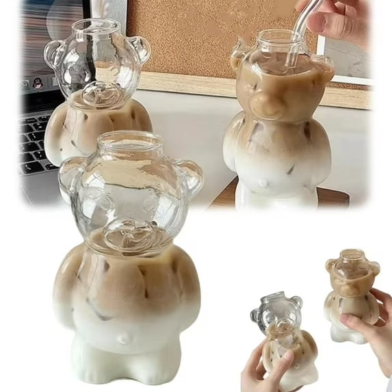 2025 New Bear Cup Glass Mug, Cartoon Bear Shaped Coffee Mug , Glass Cup, Drinkware,for Hot Beverages, Winter Home Accessory Xmas Gift for Friends Family No Straws