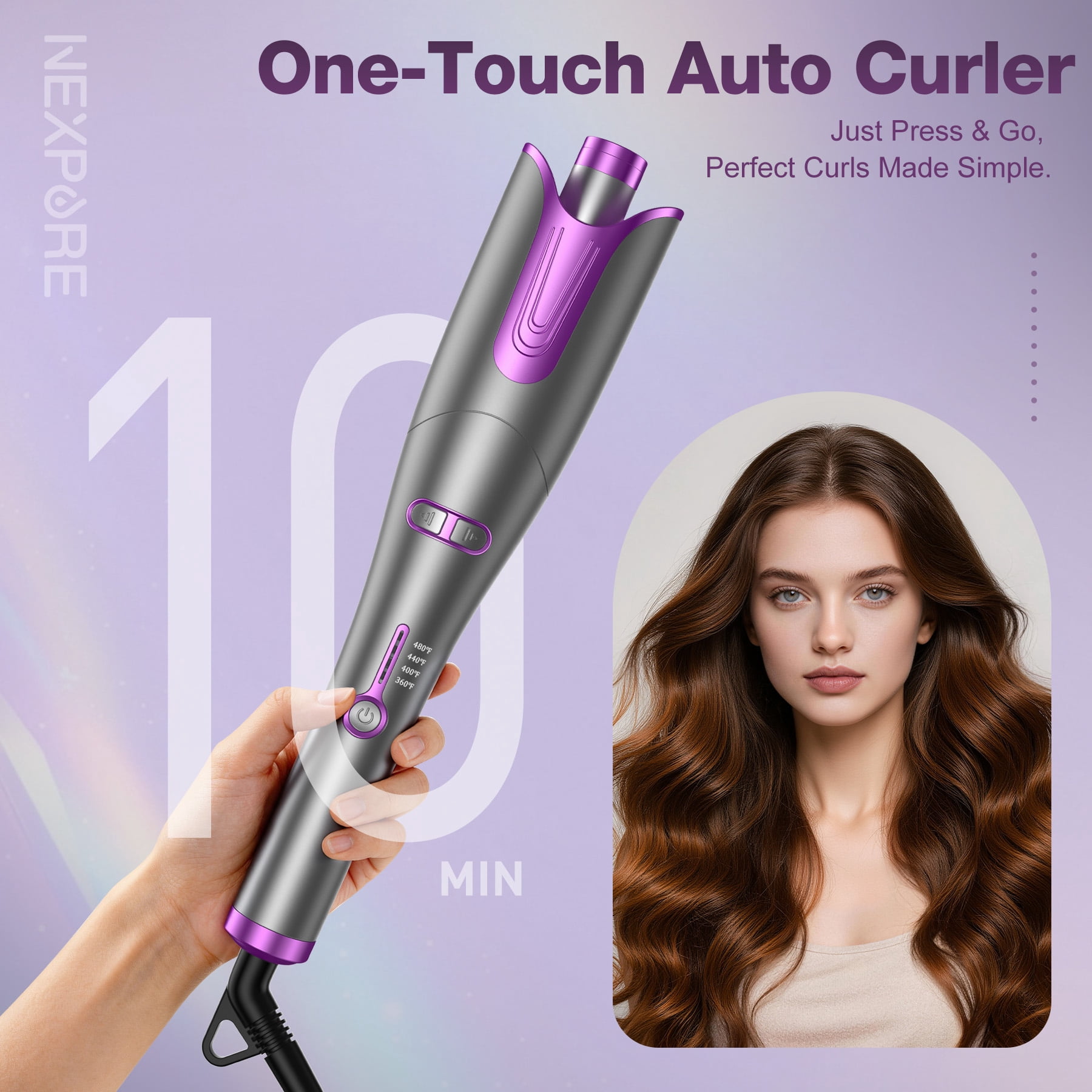 NEXPURE Automatic Curling Iron, 1" Ionic Deep Waver Hair Curler Tool, Ceramic Coating, Fast Heating, Dual Voltage, Anti-Scald, Purple