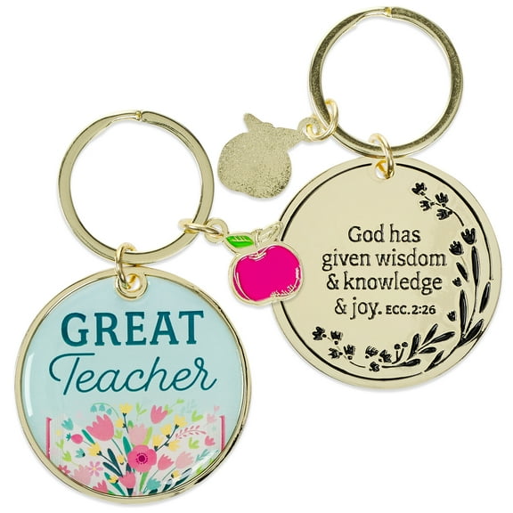 Christian Art Gifts Split Gold Metal Keyring Accessory for Teachers: Great Teacher Inspirational Scripture Keychain, Stamped Design & Verse, Multicolor Pink Floral & Apple Charm Appreciation Present