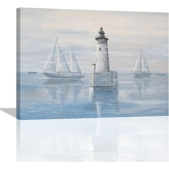 Lighthouse Nautical Wall Art Ocean Theme Sailing Boat Beacon Pictures Wall Decor Coastal Beach Seascape Canvas Prints Painting Modern Home Framed Artwork for Bathroom Bedroom Living Room 16"x12"