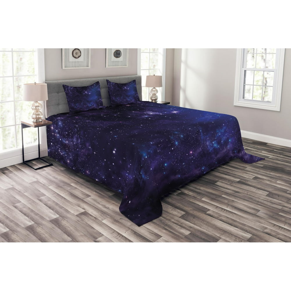 Galaxy Bedspread Set, Celestial Stars in Night Sky Stardust in Clouds