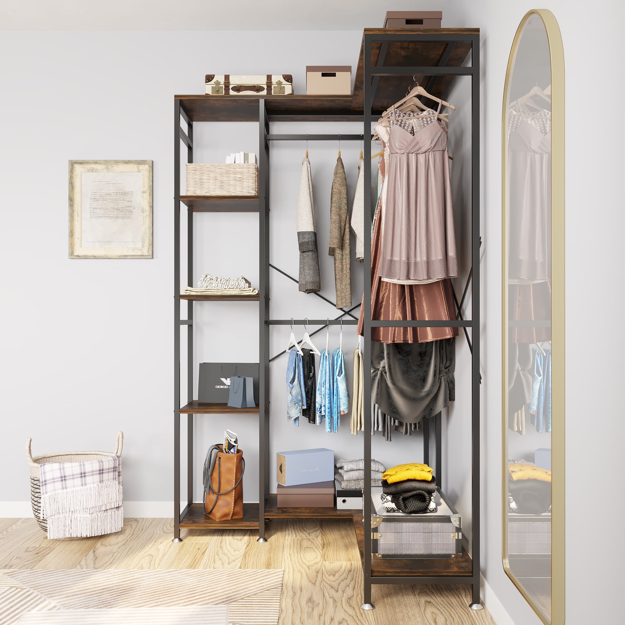 Walnut Clothes Rack SamyoHome L Shaped Garment Rack Heavy Duty Clothes Rack for Hanging ...