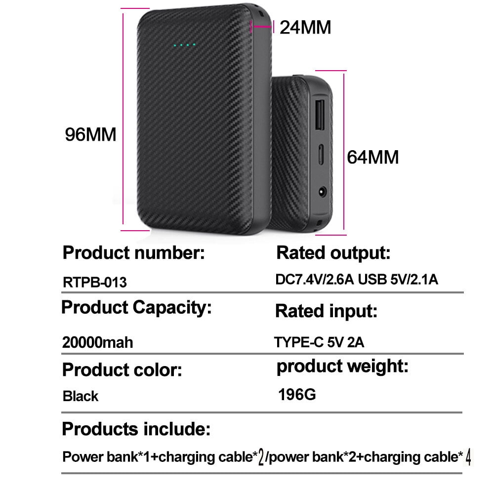 7.4V Portable Charger, 1 Pack 3A USB 3.8mm DC Ports(Comes with a 4.0 mm adapter Cable), 20000 mAh Charging Battery Pack for Cell Phone and Heated Vest,1P