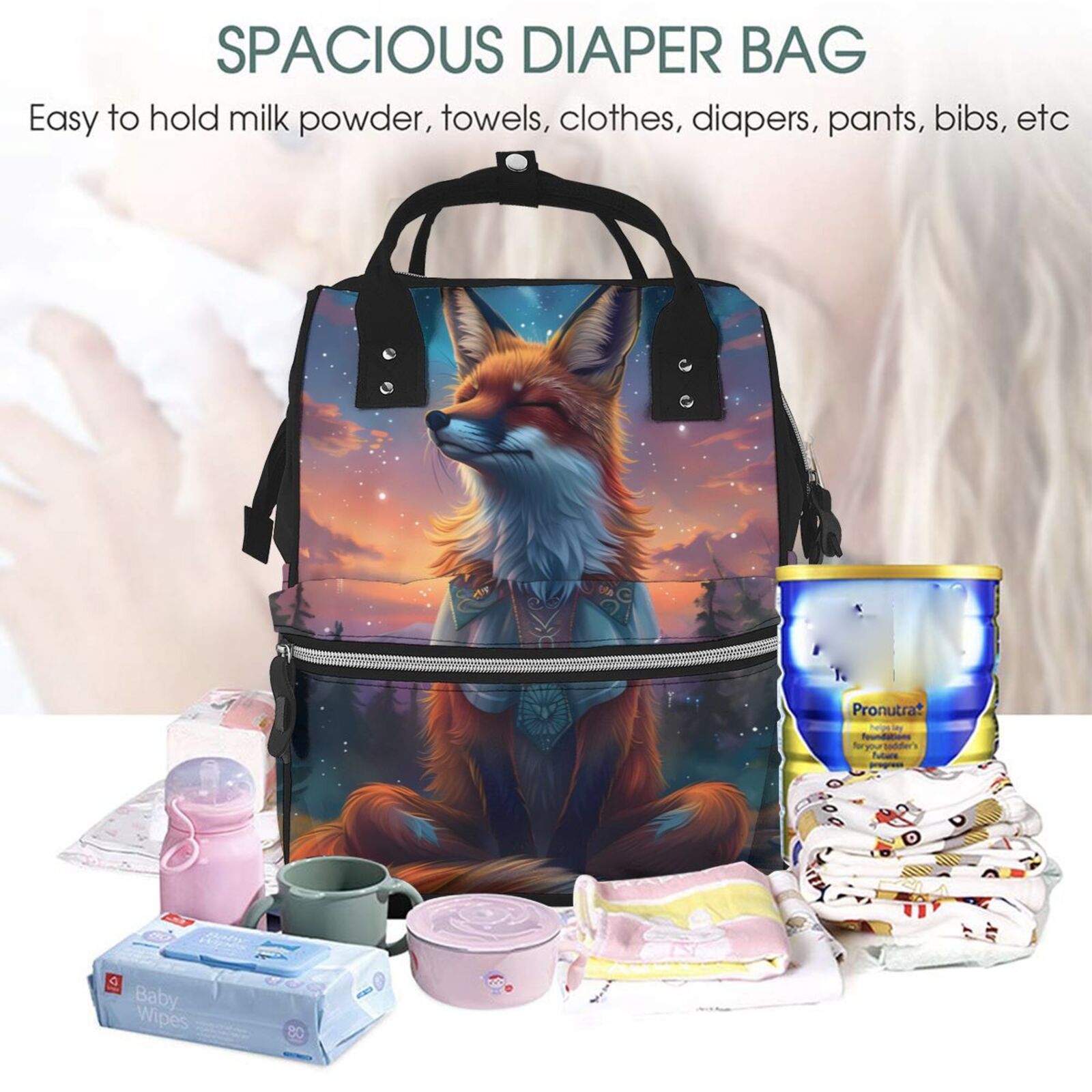 Fuzoiu Starry Sky Meditating Fox Print Diaper Bag Backpack,Baby Essentials Travel Tote,Multi function Waterproof Diaper Bag, Travel Essentials Baby Bag - Unisex