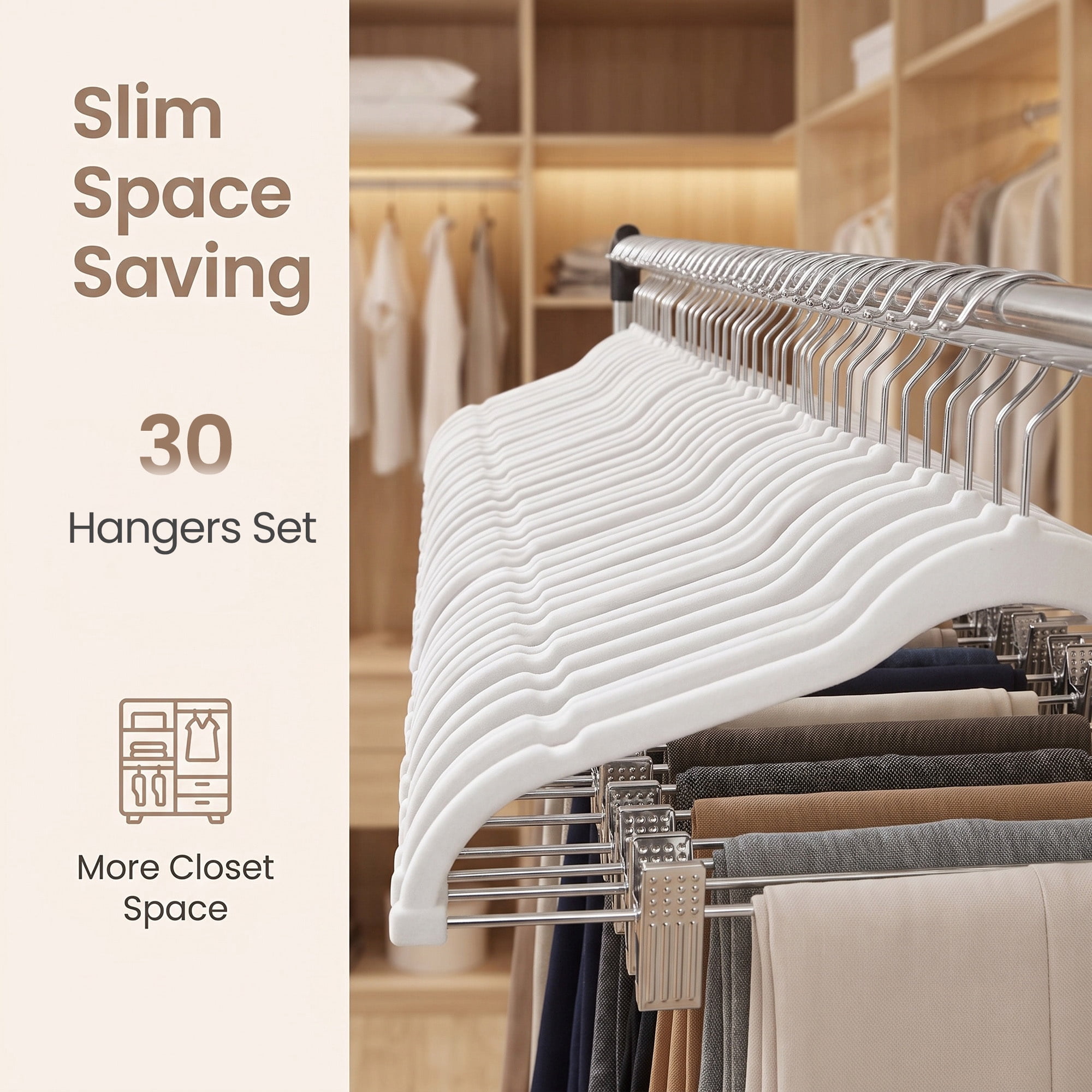 Ledrem 30-pack Adjustable Velvet Hangers, Skirt & Pants Hangers with Movable Clips, White