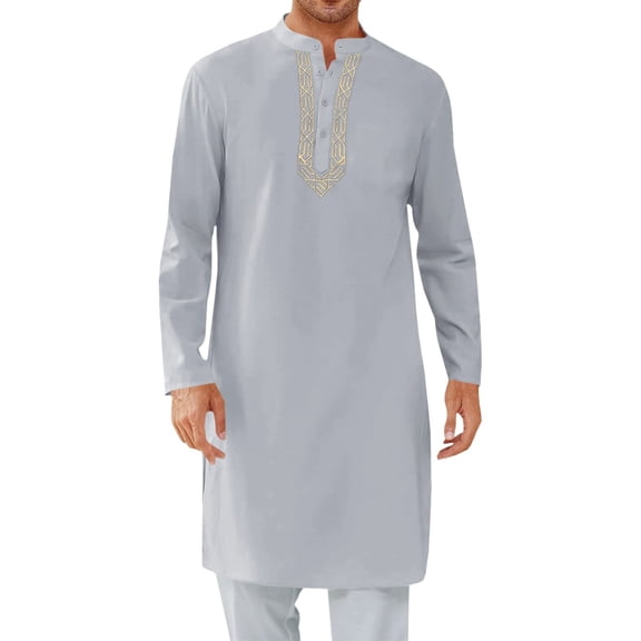 Ceisia Men's Muslim Thobe Set Long Sleeve Stand Collar Traditional Arabic Middle Eastern Robe with Button Pockets Casual Religious Top Gifts for Father Gray 3X