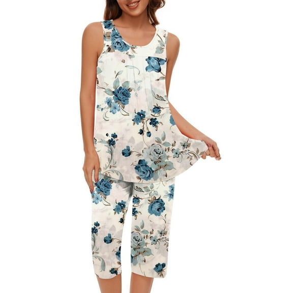 Tnhcen Women's Daily Comfort Sleepwear Printed Sleeveless Crew Neck Top & Capri Pants Set Easy to Mix & Match S-2XL