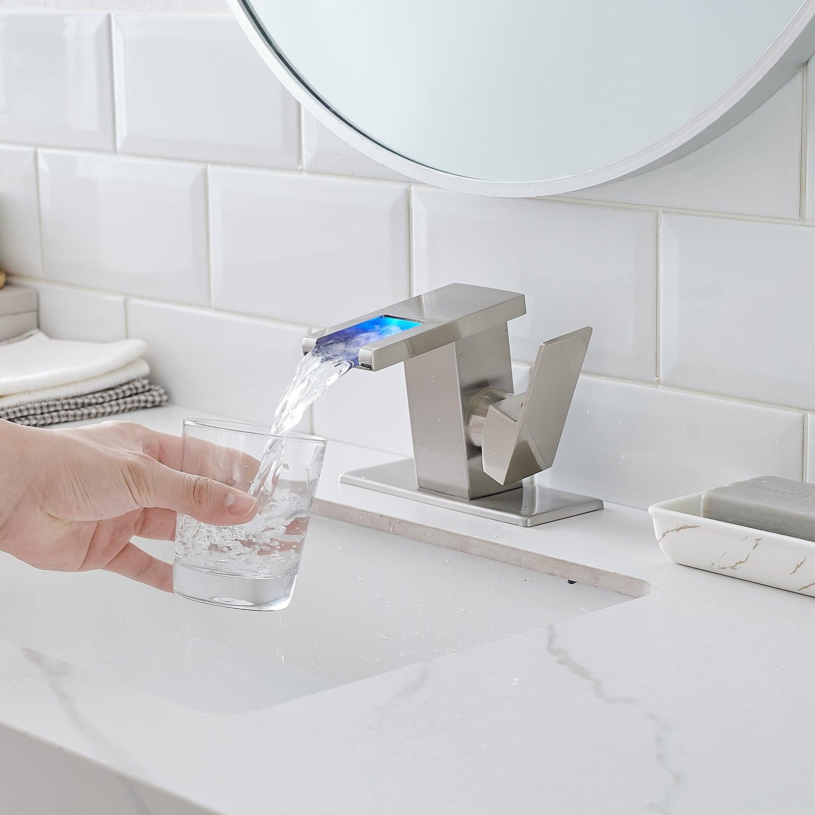 ANGELES HOME LED Light Bathroom Faucet Waterfall Single Handle One Hole Faucet for Bathroom Sink Mount Vanity Faucet