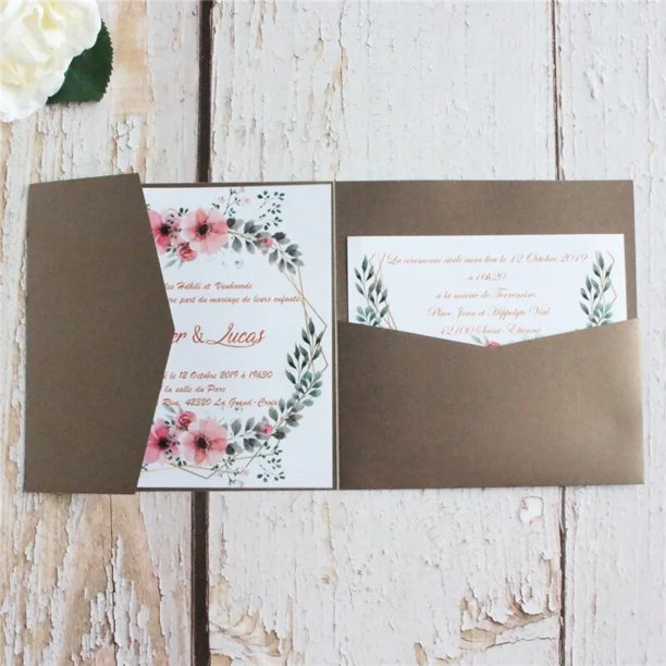 Bolsillo de invitaciones de boda personalizado, tarjeta de felicitación triplegable, proveedor de fiesta de compromiso