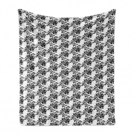 Floral Soft Flannel Fleece Blanket, Repetitive Abstract Leaves Monochromatic Classic Victorian Inspired Pattern, Cozy Plush for Indoor and Outdoor Use, 50" x 60", Charcoal Grey White, by Ambesonne