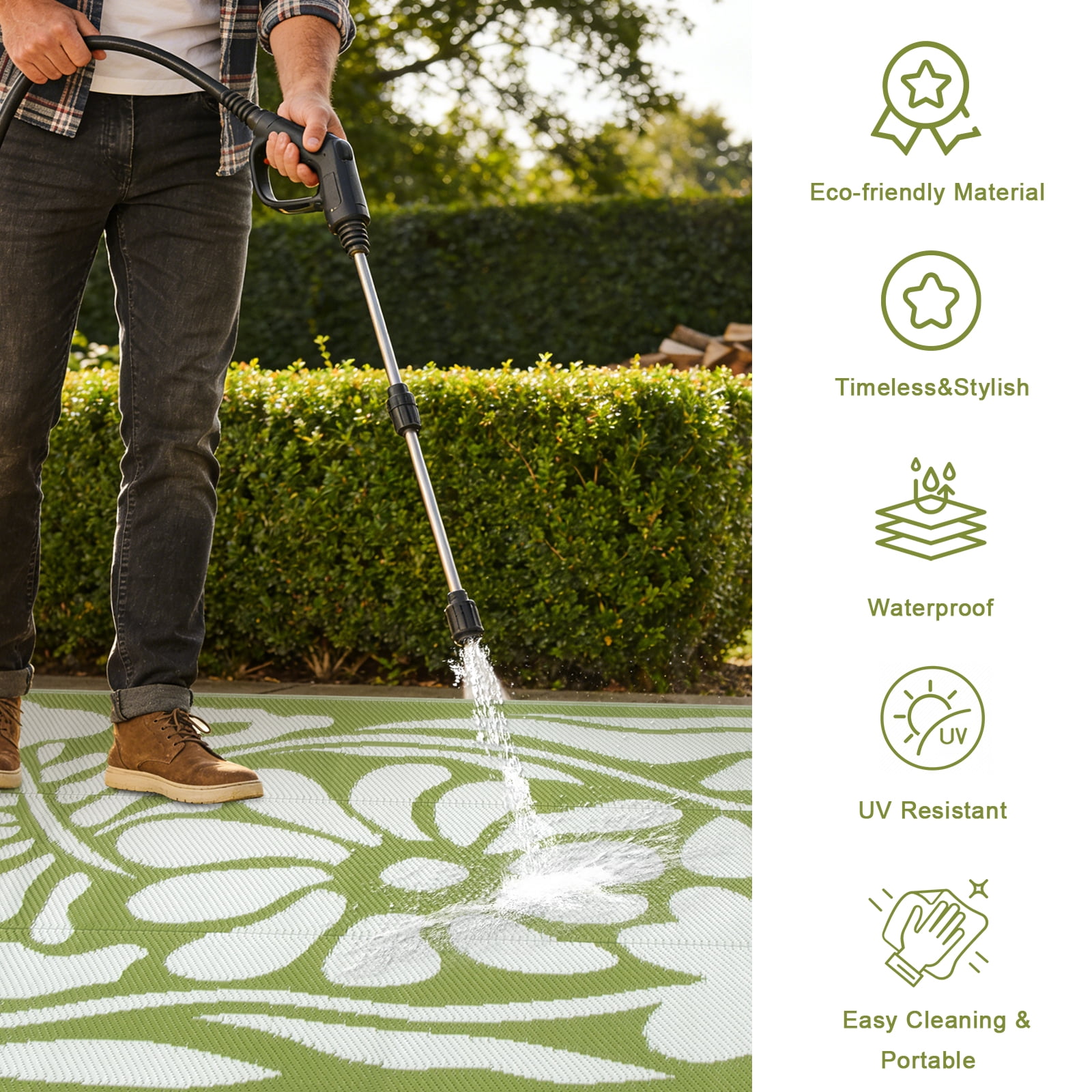 Lahome Waterproof & Reversible Outdoor Rug 4'x6', Green Abstract Floral RV Camping Mat - Portable Plastic Straw Picnic Carpet for Garden Beach Deck Balcony (Green, 4'x6')