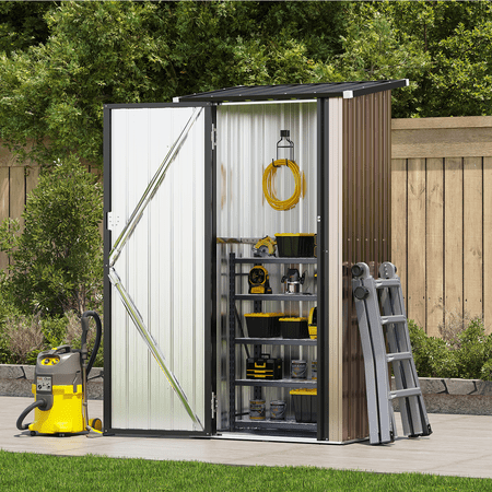 BaPiPro 3x3 ft Small Outdoor Storage Shed with Floor & 2 Metal Shelves, Metal Tool Shed with Lockable Door for Garden Storage, Storage Cabinet Brown