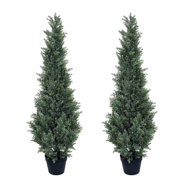 QinaQin Set de 2 árboles topiarios de cedro artificial de 5 pies, plantas decorativas para entrada, jardín o porch con estilo natural